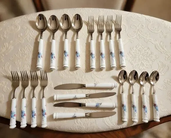 Vintage Noritake Bleufleur Flatware Set - 20pc Stainless Porcelain Japan Floral