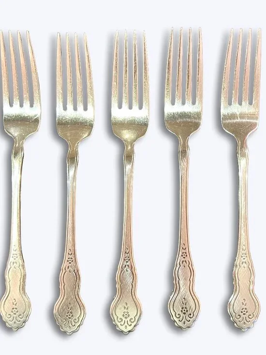 Oneida Stainless Folk Art Meredith Set of 5 Dinner Forks Deluxe Burnished 7 3/8