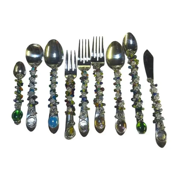 9 Pc Artisan Beaded Flatware Set Wire Wrapped Spoons Forks Knife