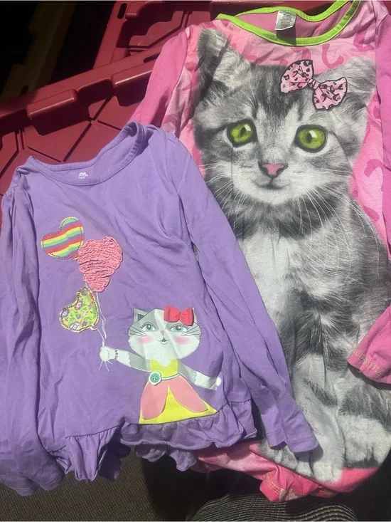 Girls Cat Graphic Long Sleeve Tops - Purple & Pink