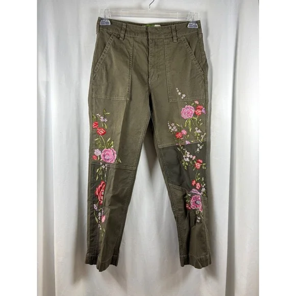 Free People Olive Green Floral Embroidered Utility Cargo Pants Womens Size 26