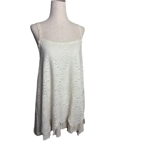 Free People Cream Floral Lace Mini Dress Crochet Trim‎ Trapeze Boho M