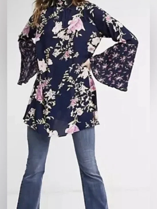 Free People Navy and Pink Floral Bell Sleeve Tunic Blouse - Size S