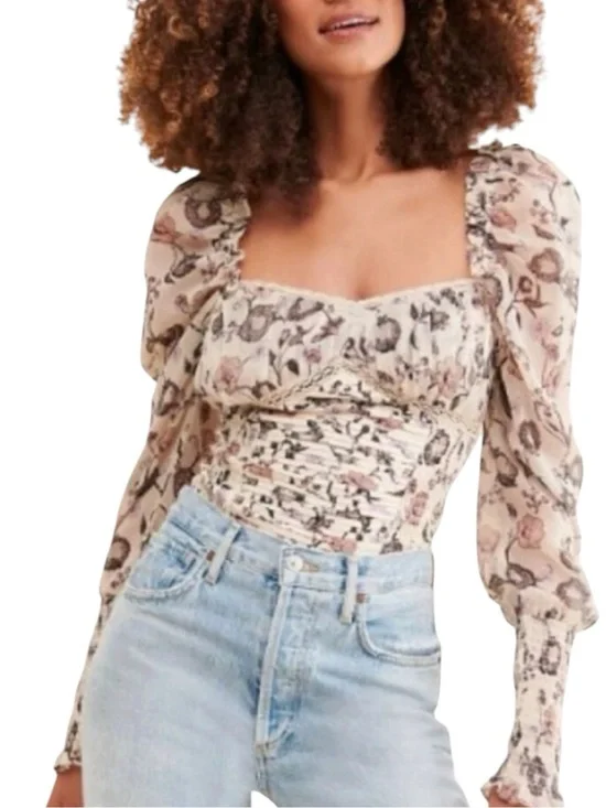 FREE PEOPLE “Brunch Date” Cream Floral Bodysuit w/ Smocking Size Large — NWOT!!!