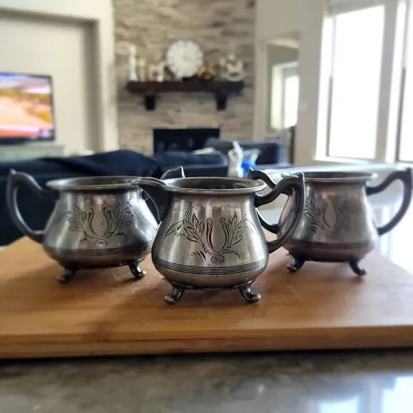 Vintage Beacon Silver Taunton Mass Quadruple Set of 3. Cream white brown sugar