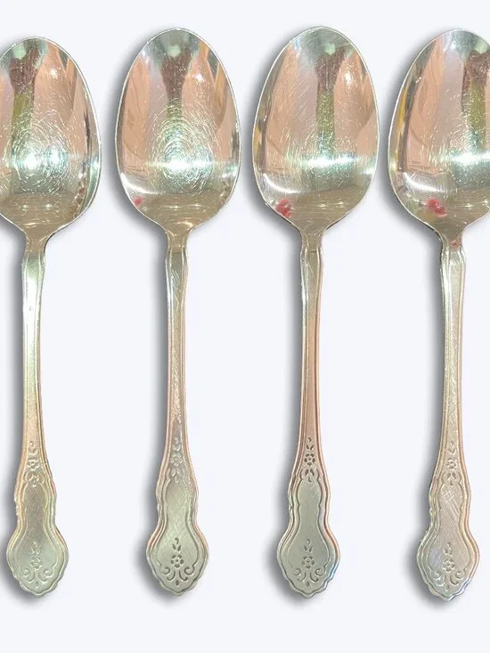 Vtg Oneida Stainless Folk Art Set of 4 Place Oval Soup Spoons Deluxe Meredith 7