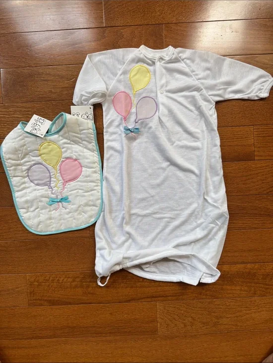 White Baby Sleep Gown with Pastel Balloon Appliqué - Brand: