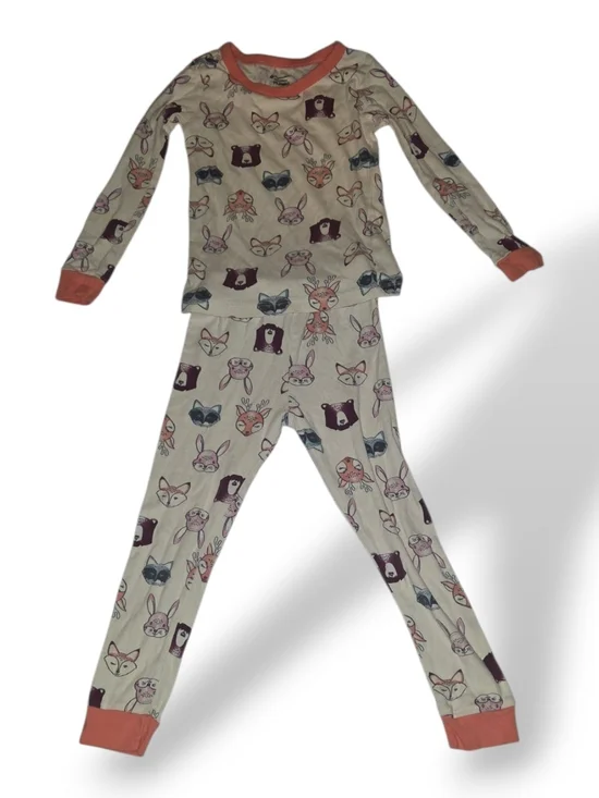 Cream Animal Face Long-Sleeve Kids Pajama Set with Rust Trim