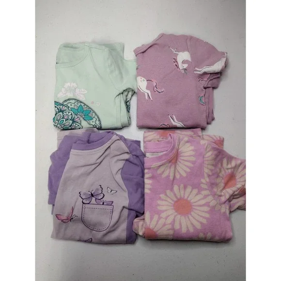 Girls Carters PJ Kids Pajama Set Lot 4 Pairs Size 8 Unicorn Daisy Turtle Purple