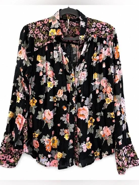 Free People Hold On To Me Floral Blouse Medium Boho Button Front Top NWOT