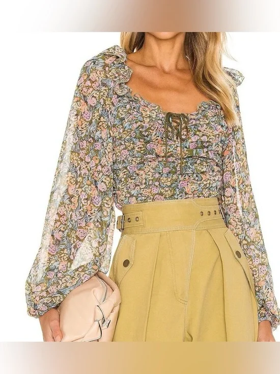 Free People Olive Green and Pink Floral Long Sleeve Ruched Blouse - Size S