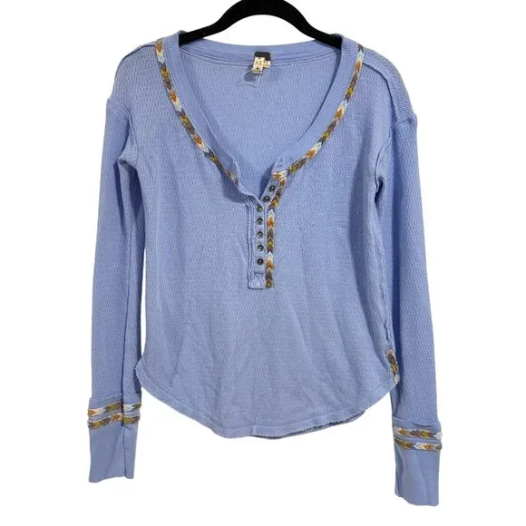 Free People We the Free Rainbow Embroidered Thermal Long Sleeve Blue Top Size XS
