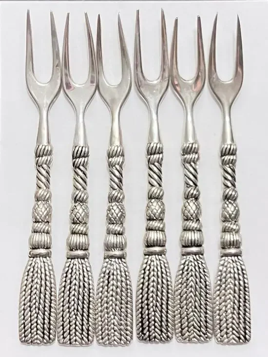 Vintage Silea Silver Plate Set Of 6 Appetizer Olive Fork Rope & Tassel FRANCE