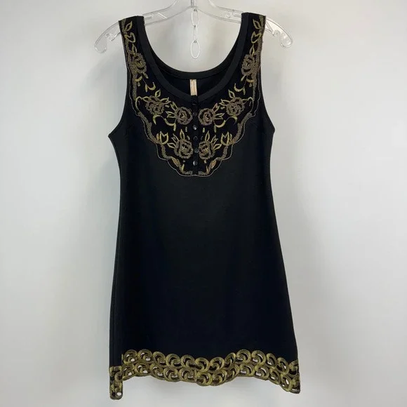 Free‎ People Black Gold Embroidered Sleeveless Mini Dress Size 4 Floral Cutout