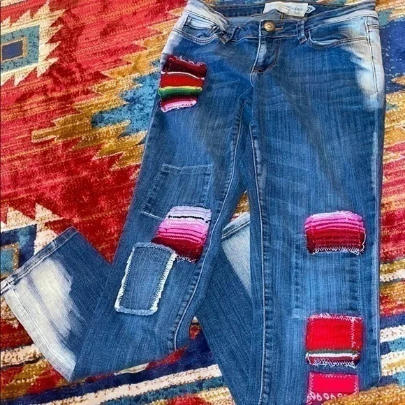Free People Artisan De Luxe Patchwork Boho Distressed Acid Washed Denim Jeans