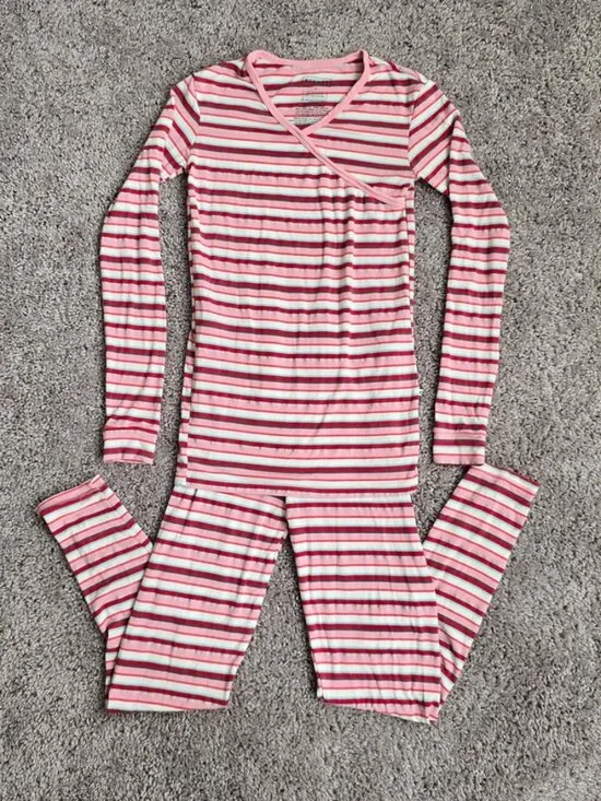 KicKee Pants Pajama Set Girls Long Sleeve Kimono Hopscotch Stripe Bamboo 14 Red
