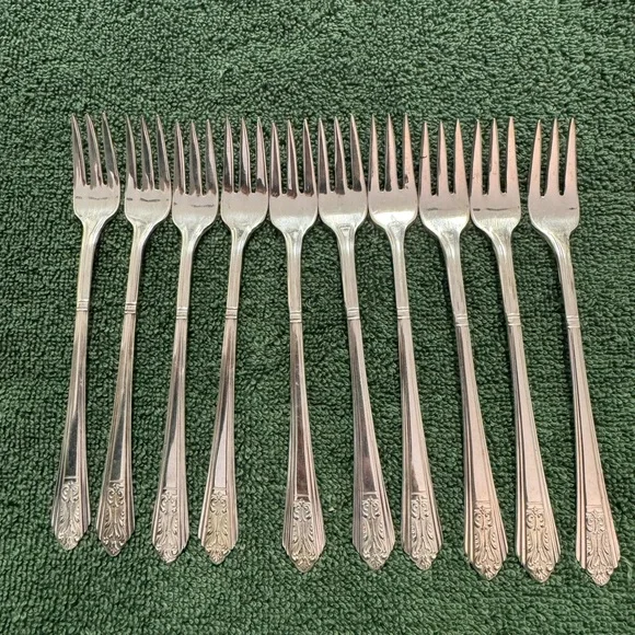 Vintage Royal Saxony silver plate 6” small cocktail seafood forks- set of 10