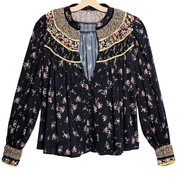 Free People Paloma Print Top Floral Peasant Cottagecore Boho Vintage Vibe Blouse