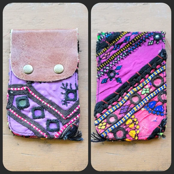 🪬🍄 Free People Boho Embroidered Repurposed vtg banjara hippie Wallet card case