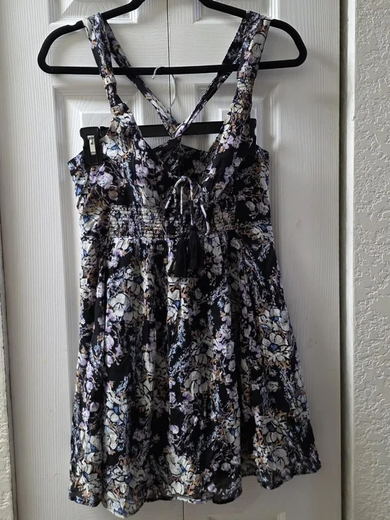 Free People Black Floral Mini Dress with Lavender and Cream Details