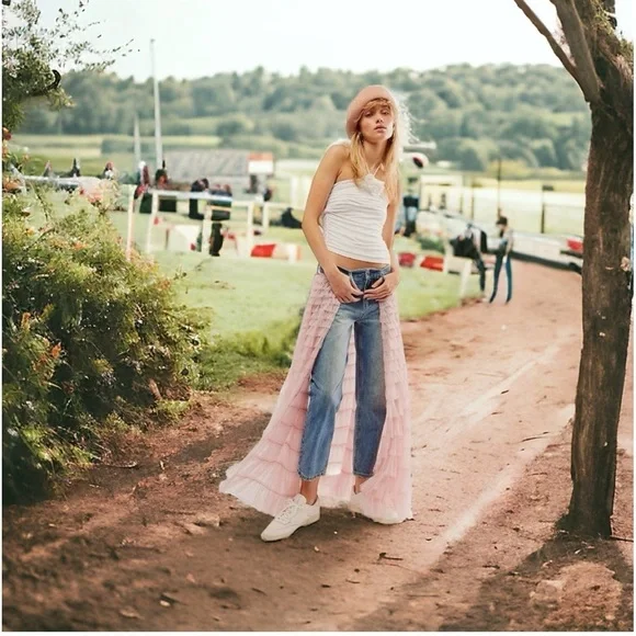 We The Free People Pirouette Tulle Ruffles Tutu Balletcore Jeans 26 NWT