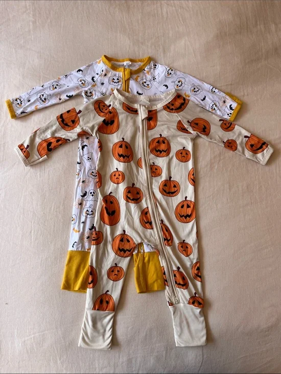 Halloween Pumpkin Baby Zipper Footie Pajamas - Orange & Cream
