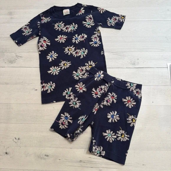 Hanna Andersson girls short John pajamas‎ navy blue flowers 130/8