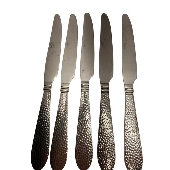 Towle Beaded Antique Hammered Stainless Steel Dinner Knives Set of 5 Flatware