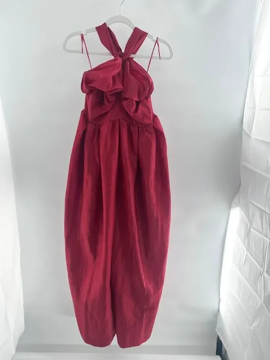 NWOT Free People Halter Neck Smocked Open Back Balloon Jumpsuit Red Women's S
