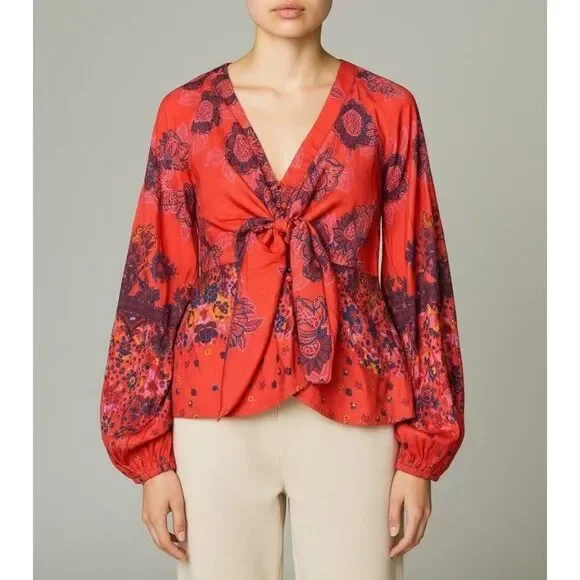 NWT Free People Satin Floral Tie Front Blouse Top Red Boho Size Small