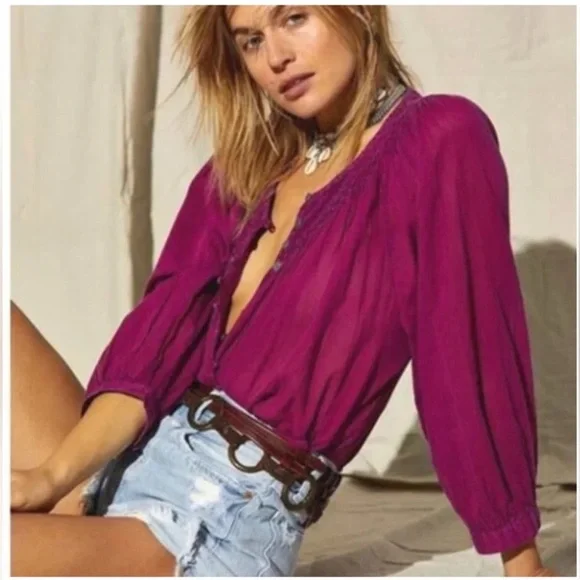 WE THE FREE x Free People Fuchsia Cool Meadow Peasant Boho Top size Medium