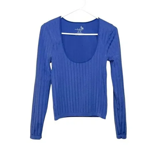 Intimately Free People Blue Ribbed Scoop Neck Long Sleeve Top M/L‎ OB66170