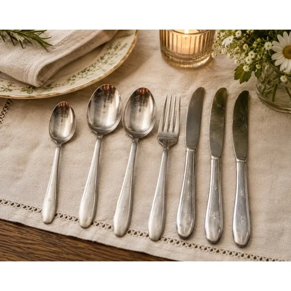 Vtg Wallace Flatware Set 7pc Silver North Star Starburst Stainless Atomic Star