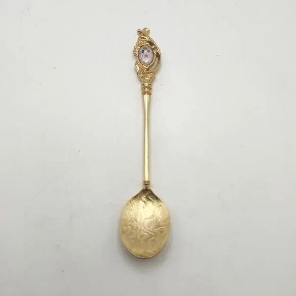 Elegance Gold Tone Floral Enamel Collector Spoon Openwork Etched Bowl 5.5 Inch