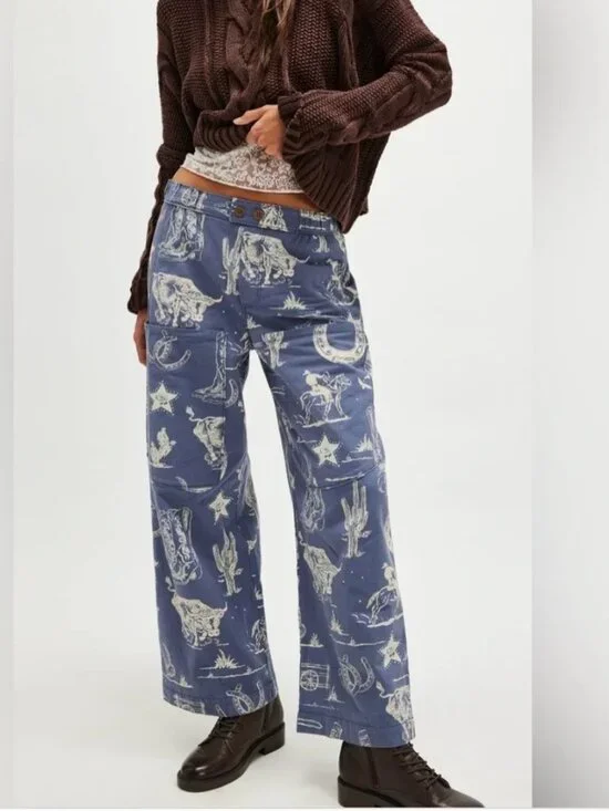 Free People Seaside Rodeo Time Pull-On Pants - Western Print Wide-Leg | XS