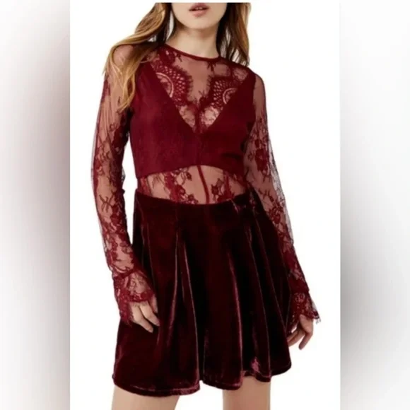 Free  People, Marley mini Dress burgundy velvet lace combo  XS