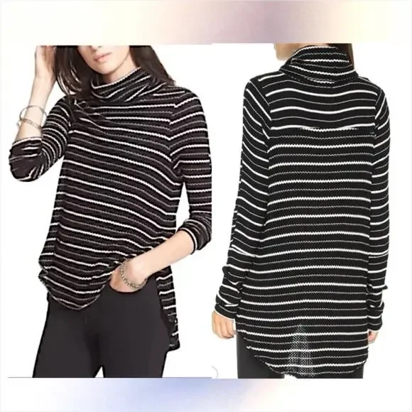 FREE POPLE Kristina Thermal Top Sweater Cowl Neck Black Striped Cabincore Cozy
