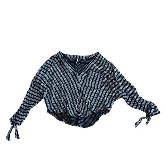 Free People Striped Blouse Tie Front Long Sleeve Top Casual Black M‎