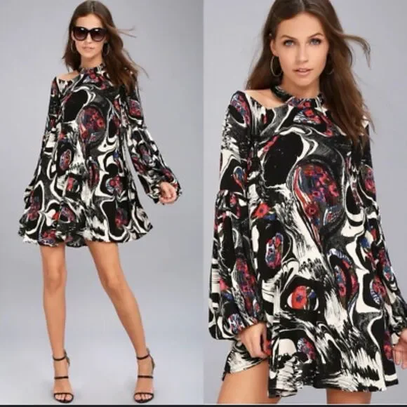 Free People Drift Away XS Cold Shoulder Mini Dress‎ Halter Neck Multicolor Flowy
