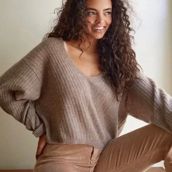 FREE PEOPLE Elias Cashmere Sweater Cropped Pullover Taupe Knitwear X-Small‎