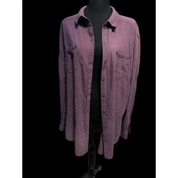 FREE PEOPLE Womens MEDIUM Textured Purple Button-Up Shirt With Pockets BEACH REL