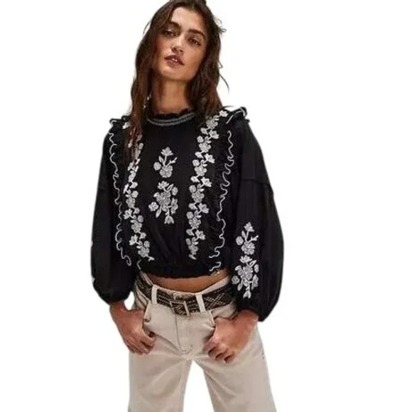 Free People Embroider Me Top Ruffle‎ Balloon Sleeve Blouse Black XS