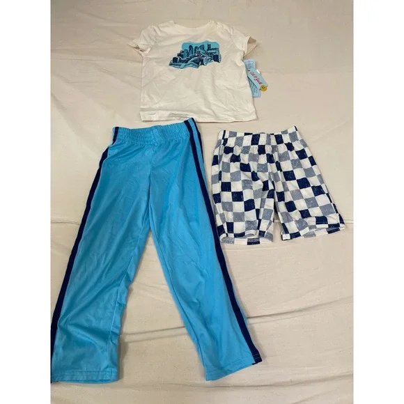 Cat & Jack Boys 3-Piece Pajama Set Race Car Graphic Tee Pants Shorts Blue XS 4/5