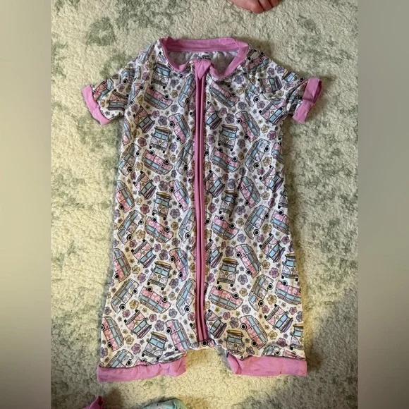 B65 Kids Pink Camper Print Short Sleeve Pajama Romper