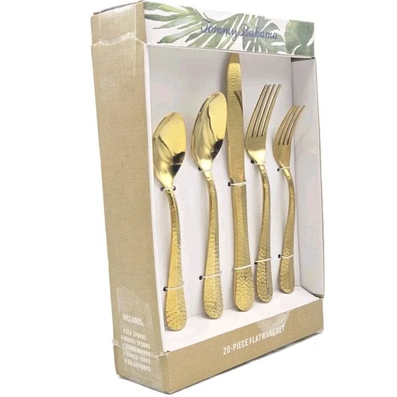 Tommy Bahama 20-Piece Hammered Gold‎ Stainless Steel Flatware Set Made in India