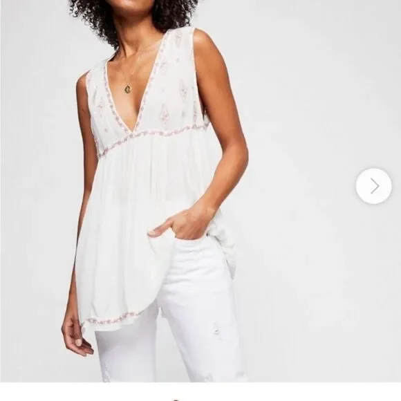 FREE PEOPLE | Diamond Embroidered Tunic Top White & Light Pink Women’s Size XS