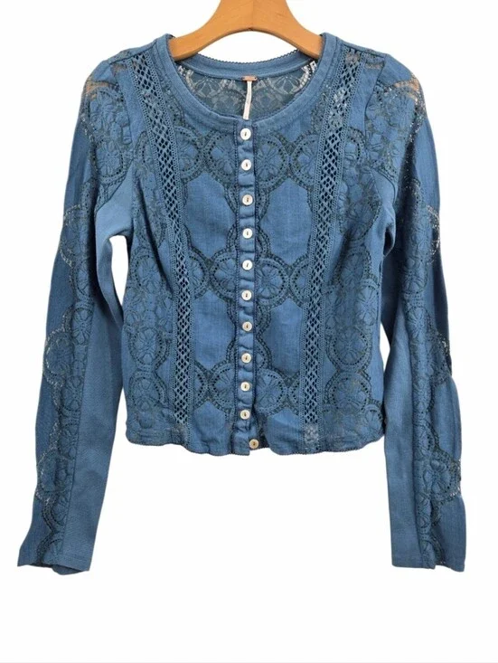 Free People Jae Top Teal Lace Long Sleeve