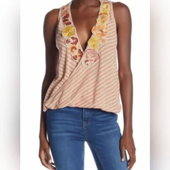 Free People Women's Beige/Red Striped Surplice Tank Top Stripes NWT Size S