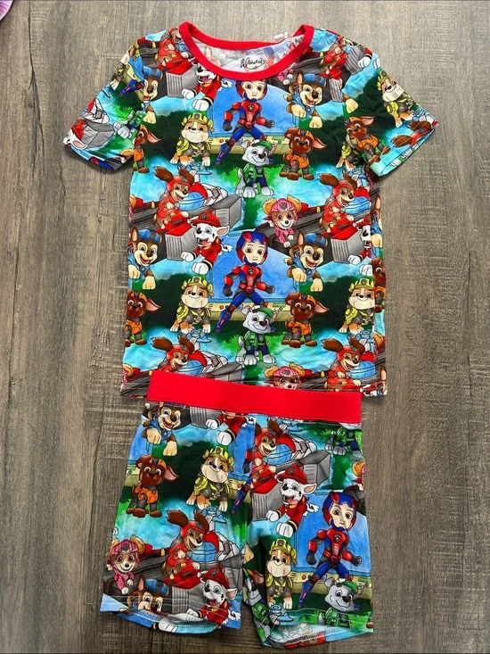Paw Patrol Kids Short Bamboo Pajama Set - Bright Multi Color with Red Trim
