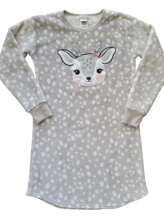 Jellyfish Girls Large Fleece Nightgown Gray Polkadotted Deer Cozy Pajamas